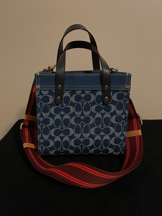 Coach Handbags - NWOT...Coach Blue Signature Denim Satchel with Red Striped Strap